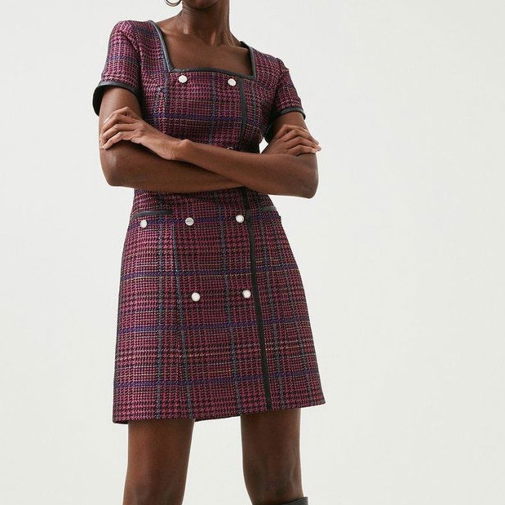 Karen Millen | Check Jacquard Button Front Dress - Picture 1 of 10